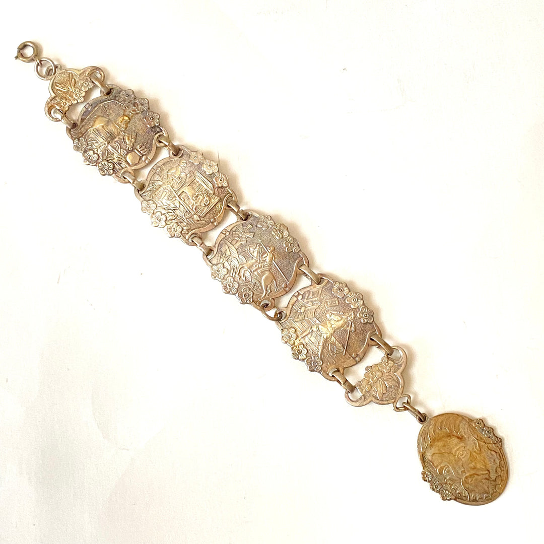 v516 Vintage Silver Plated Don Quixote Spain Story Souvenir Panel Bracelet 1940s