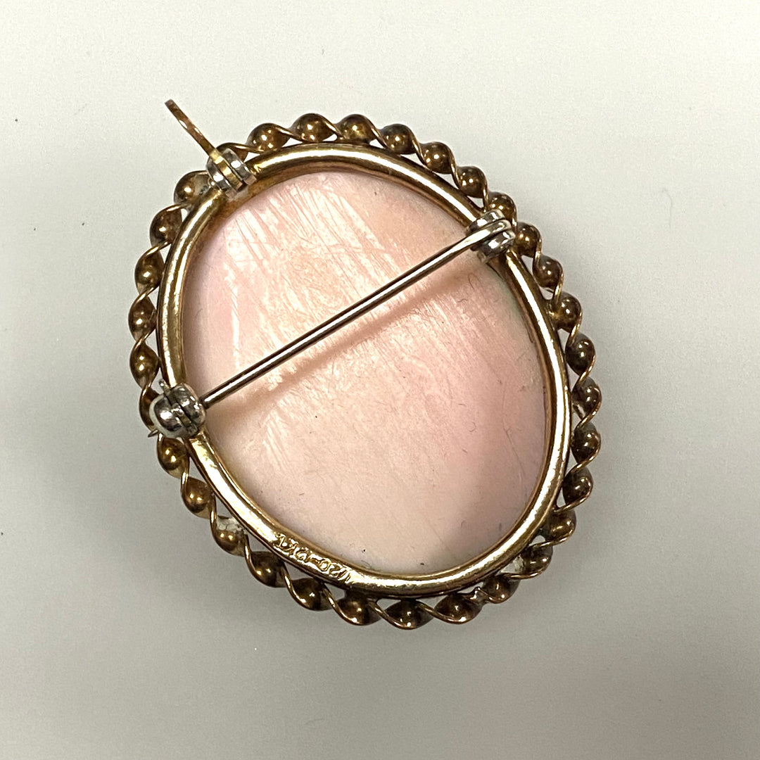 v519 Vintage Cameo Brooch Pin Pendant in 12K Gold Filled Gold Tone Twisted Frame