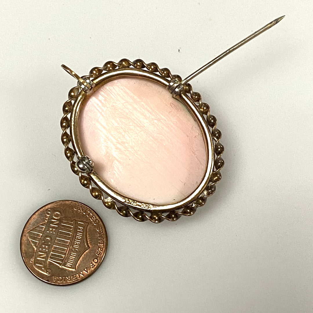 v519 Vintage Cameo Brooch Pin Pendant in 12K Gold Filled Gold Tone Twisted Frame