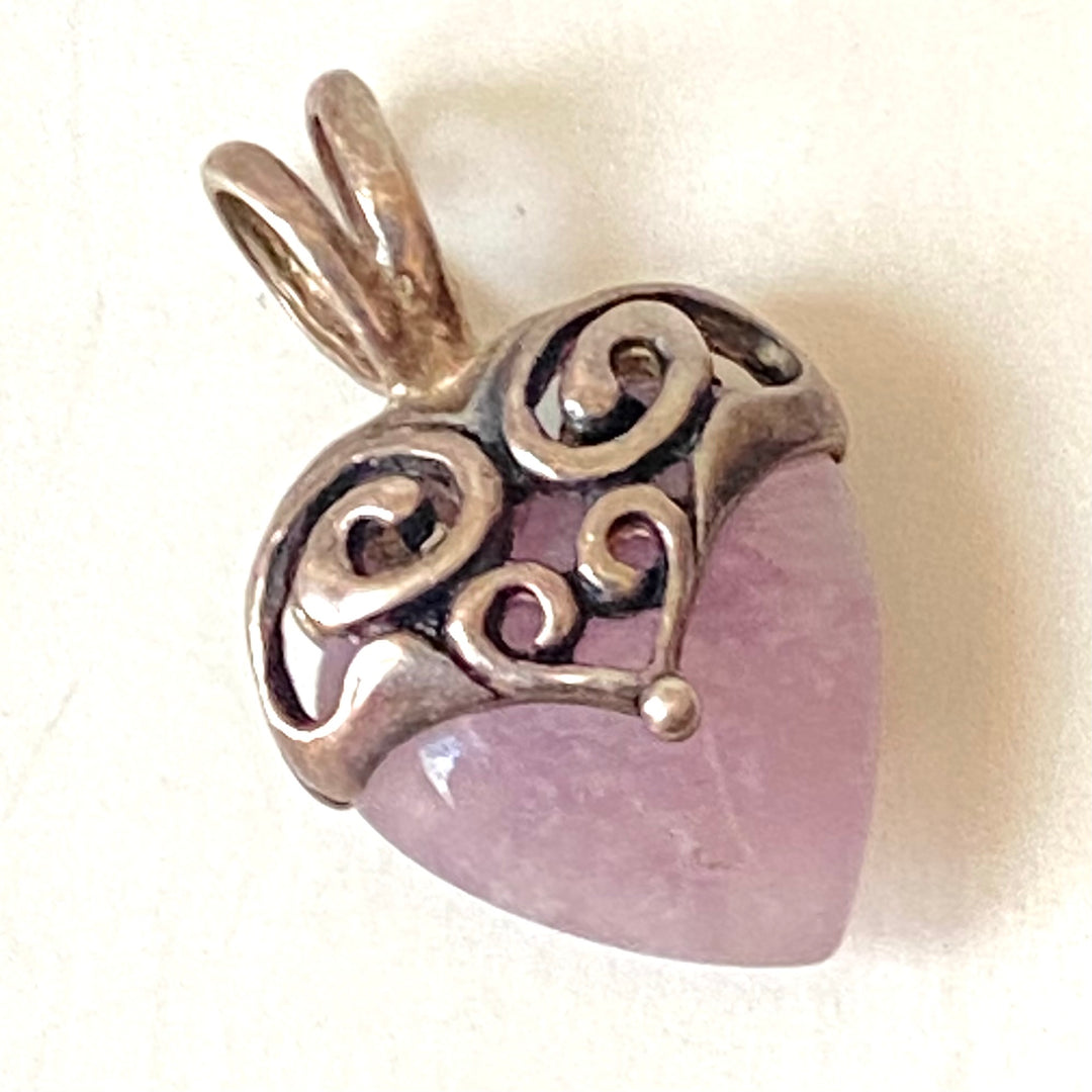 v520 Vintage Filigree Sterling Silver Rose Quartz Gemstone Heart Pendant Charm