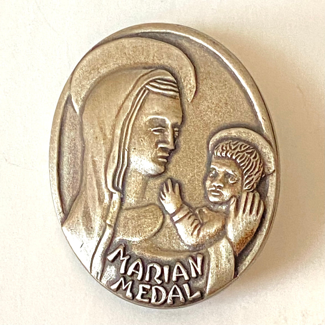 v522 Vintage Marian Medal Catholic "Mary, the First Disciple" Award Brooch Pin