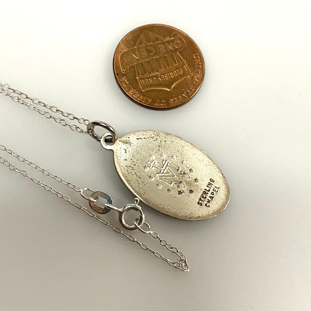 v524 Vintage Sterling Silver Virgin Mary Miraculous Charm Pendant 19" Long Chain