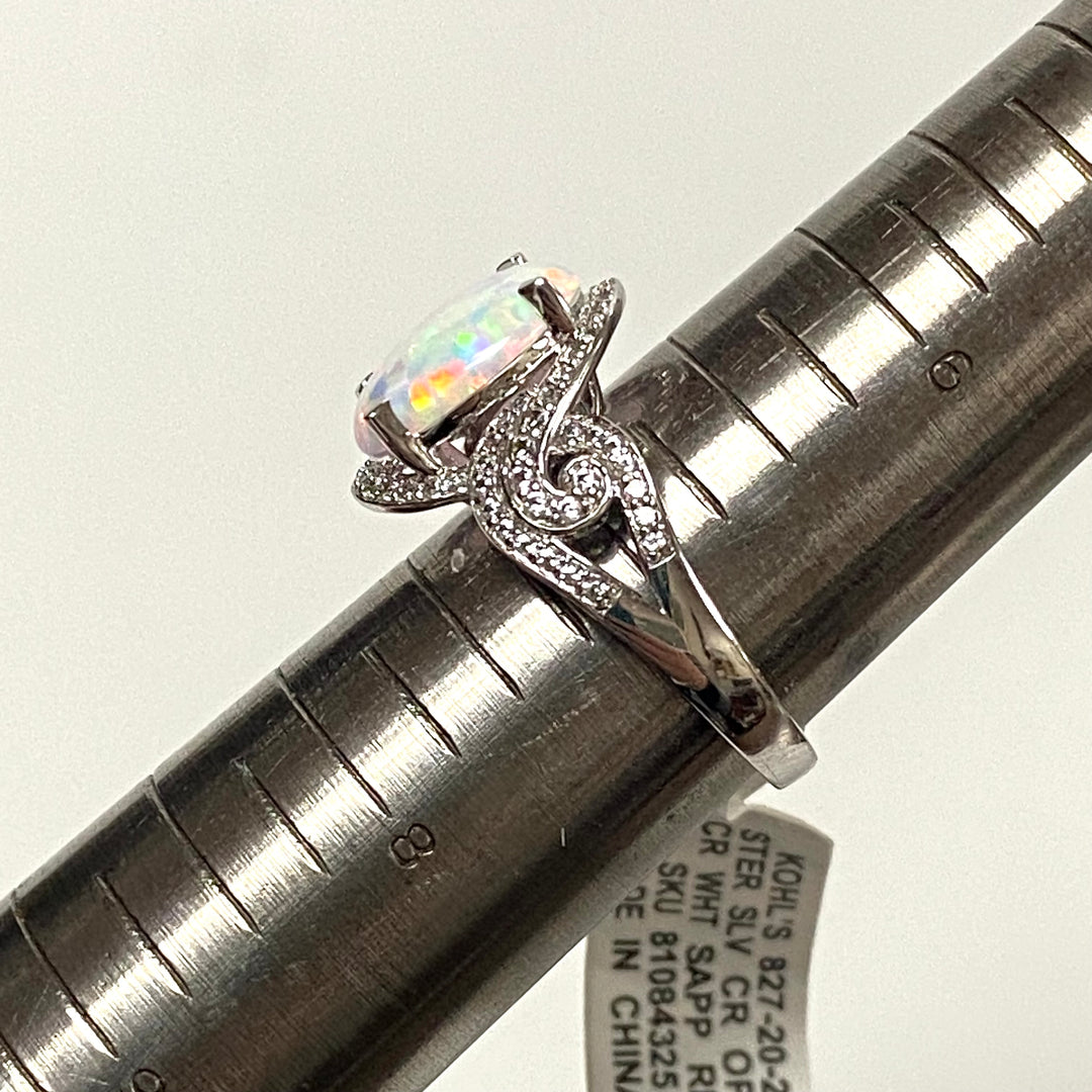 v527 Sterling Silver Opal White Sapphire Engagement Wedding Ring Size 7