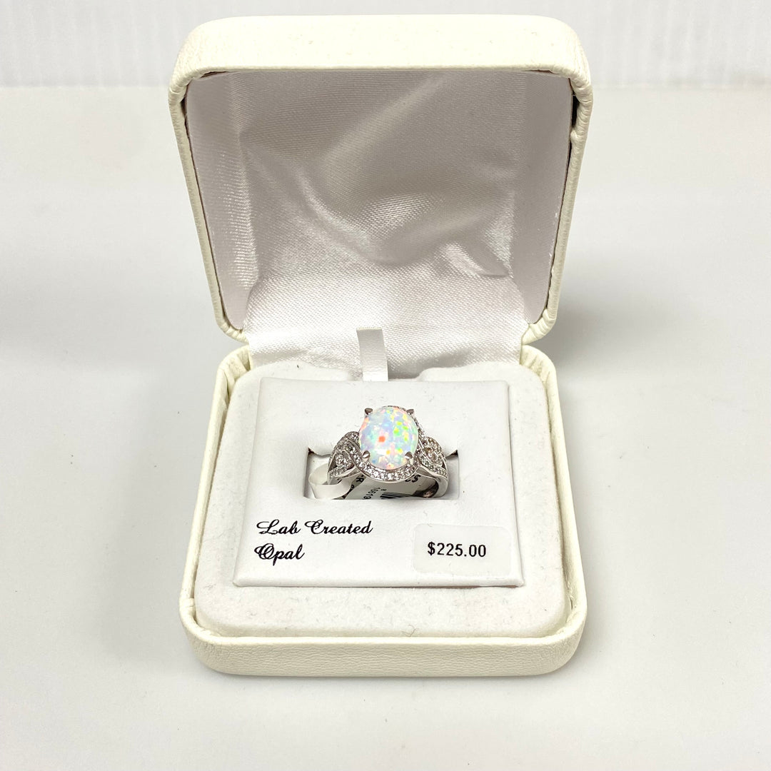 v527 Sterling Silver Opal White Sapphire Engagement Wedding Ring Size 7