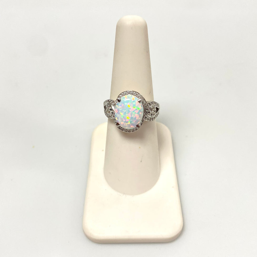 v527 Sterling Silver Opal White Sapphire Engagement Wedding Ring Size 7