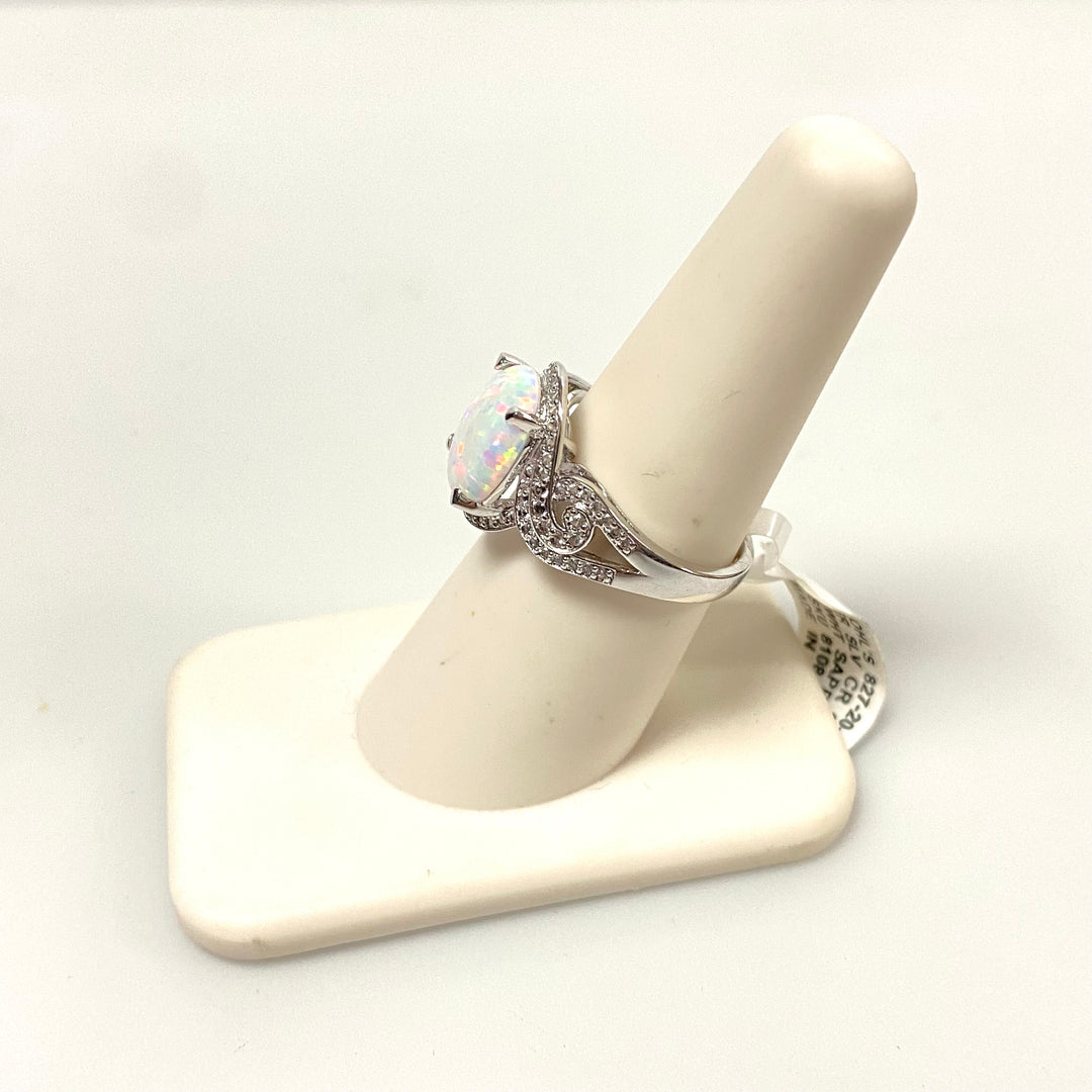 v527 Sterling Silver Opal White Sapphire Engagement Wedding Ring Size 7