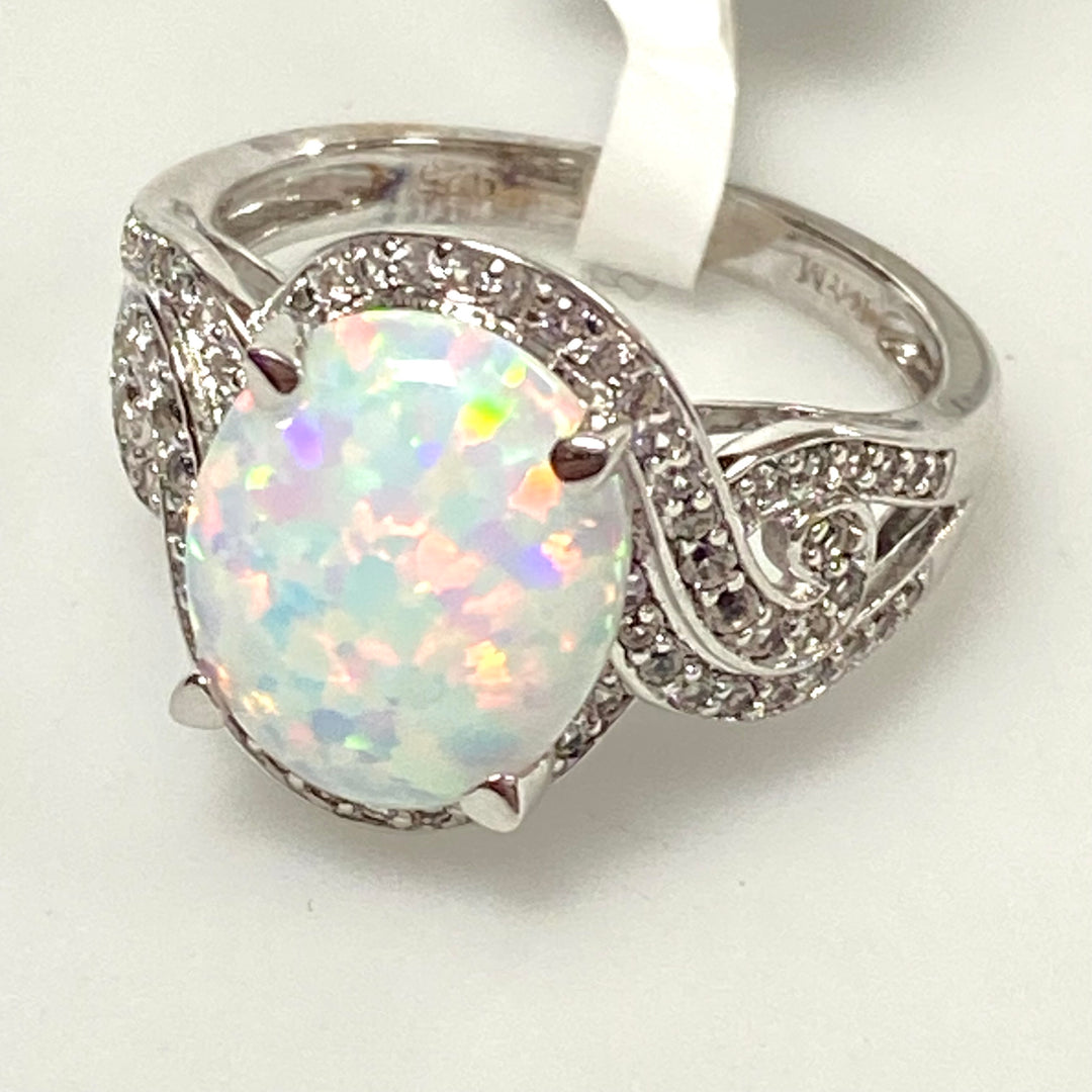 v527 Sterling Silver Opal White Sapphire Engagement Wedding Ring Size 7