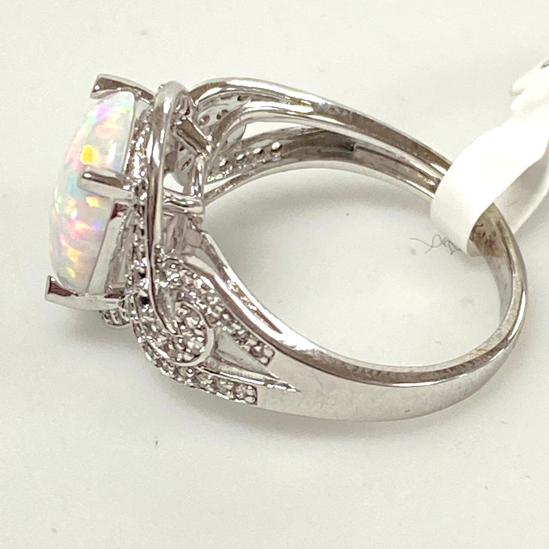 v527 Sterling Silver Opal White Sapphire Engagement Wedding Ring Size 7