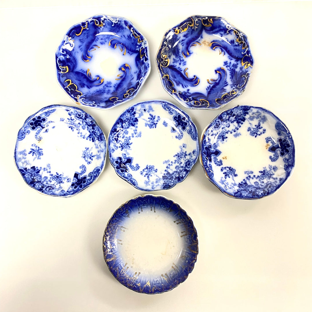 v531 Antique Flow Blue Butter pats Small Plates Victorian Cobalt Blue Pottery 6pc
