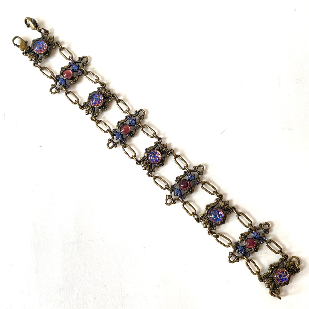 v532 Antique Elegant Gold Filled Filigree Multi-color Gemstones Link Bracelet