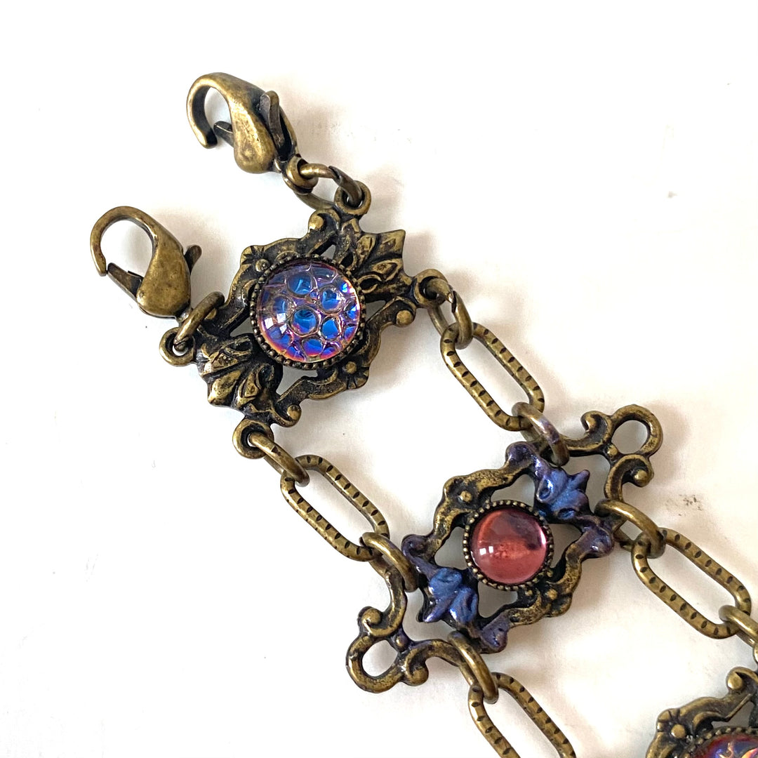 v532 Antique Elegant Gold Filled Filigree Multi-color Gemstones Link Bracelet