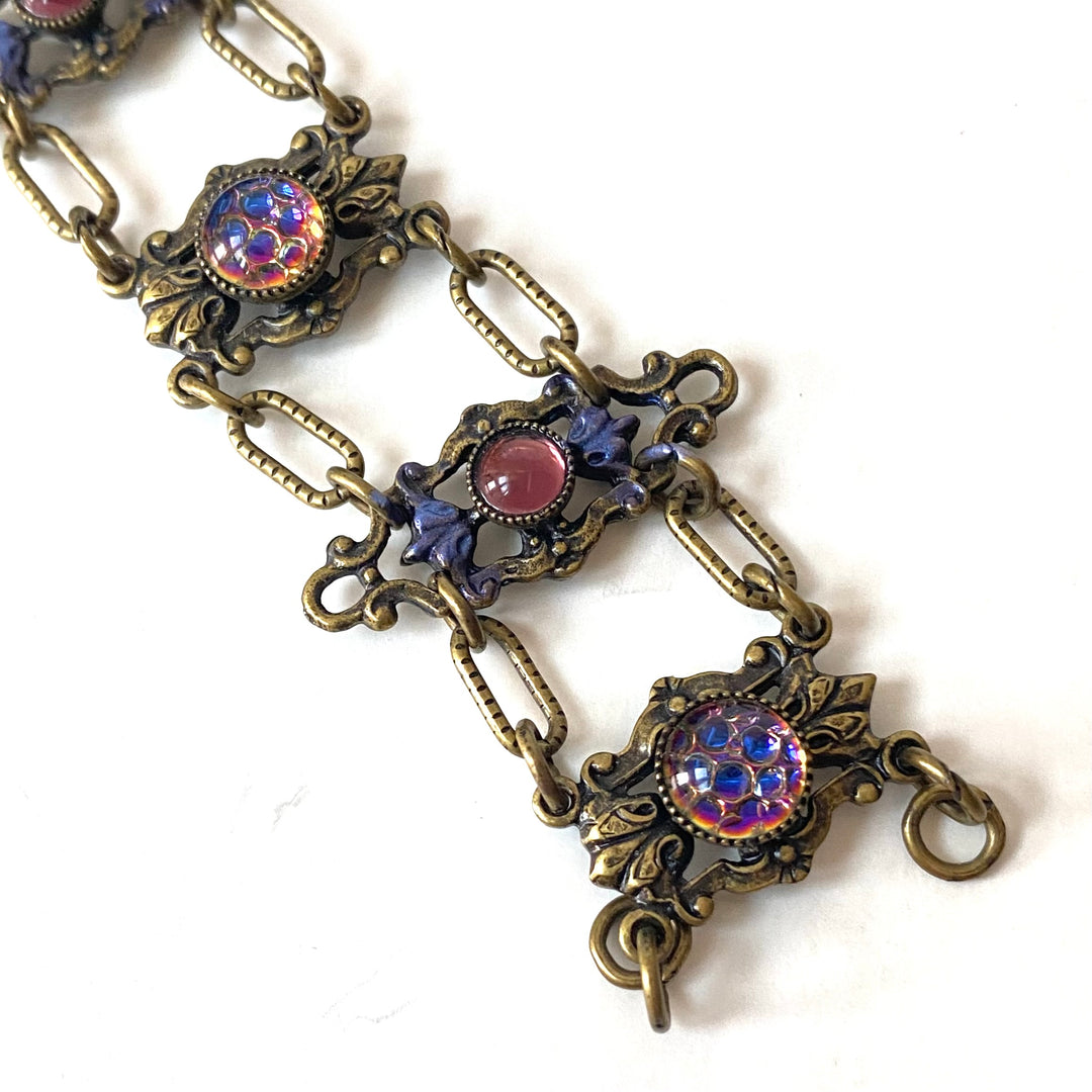 v532 Antique Elegant Gold Filled Filigree Multi-color Gemstones Link Bracelet