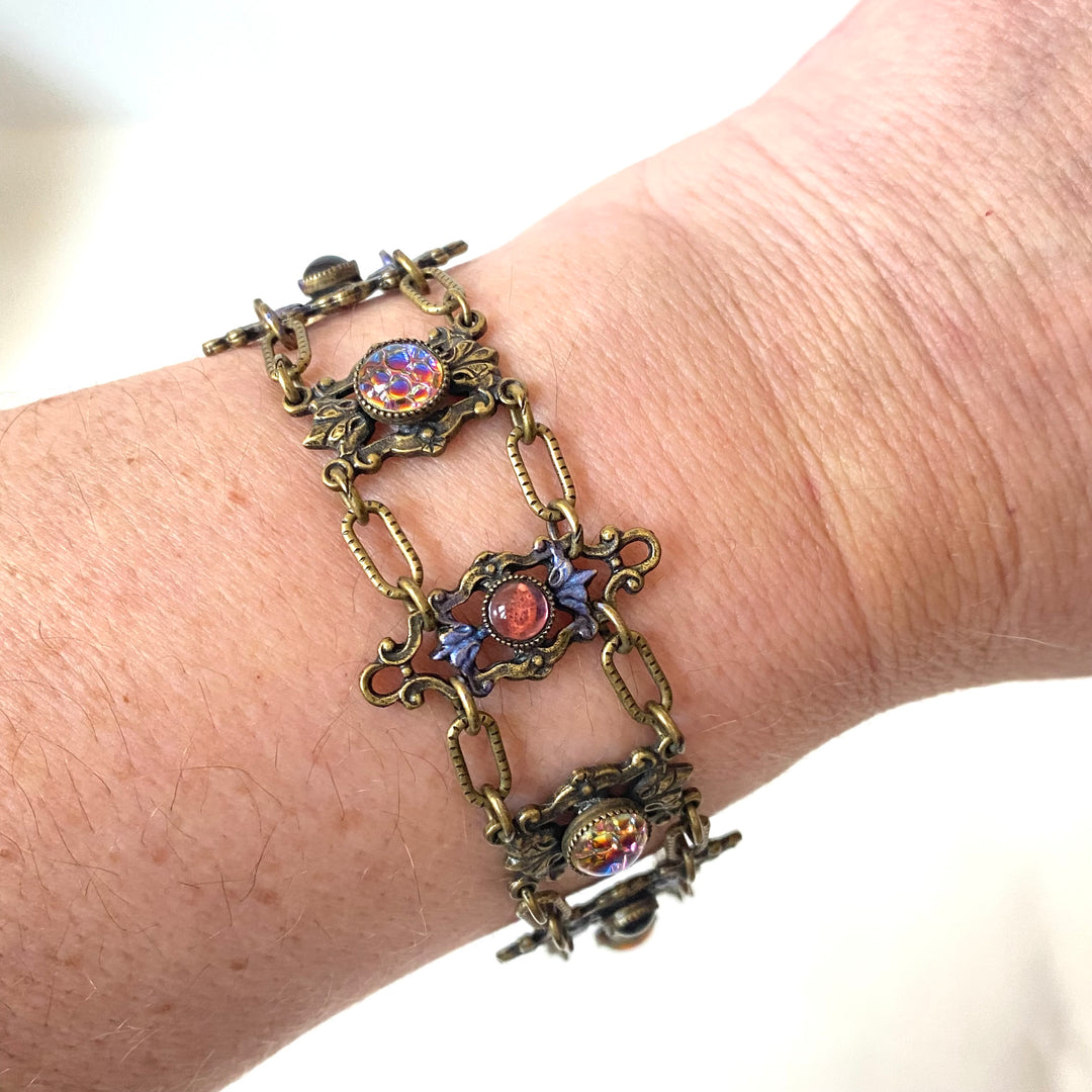 v532 Antique Elegant Gold Filled Filigree Multi-color Gemstones Link Bracelet