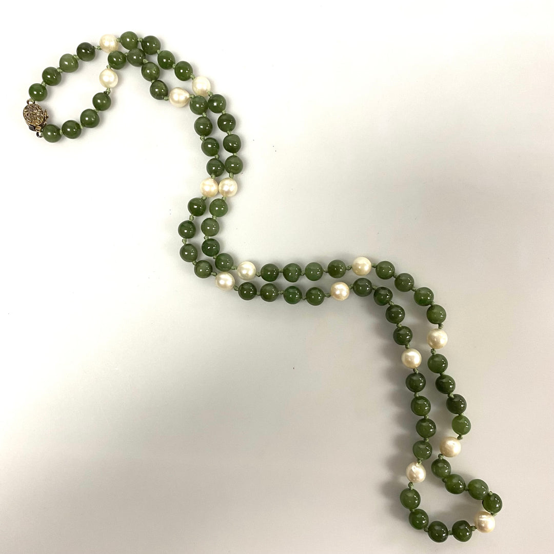 v534 Vintage Sterling Silver Jade Pearl Beaded Single Strand Necklace 31" Long