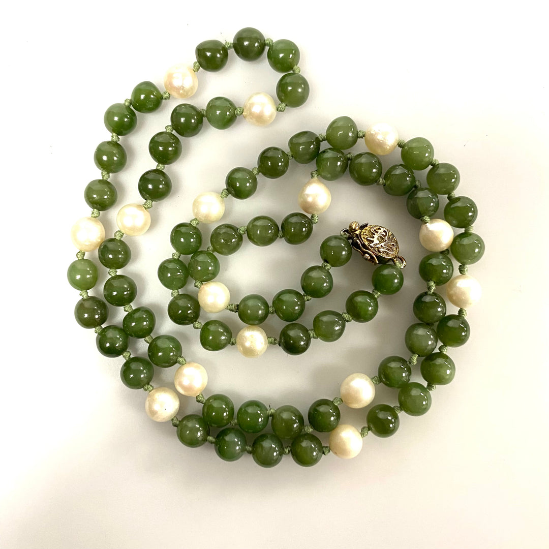 v534 Vintage Sterling Silver Jade Pearl Beaded Single Strand Necklace 31" Long