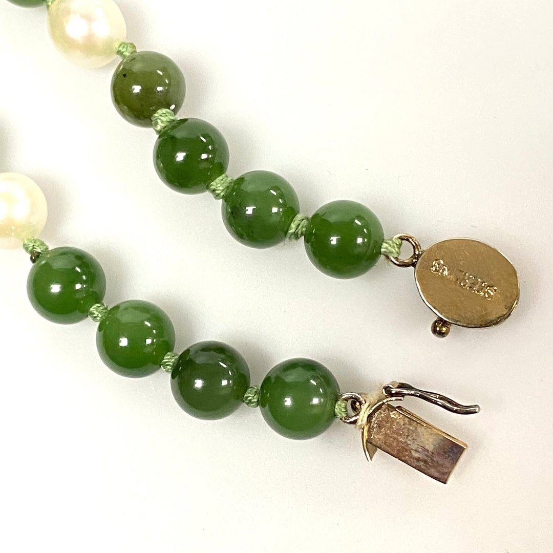 v535 Vintage Sterling Silver Jade Pearl Beaded Single Strand Necklace 35" Long