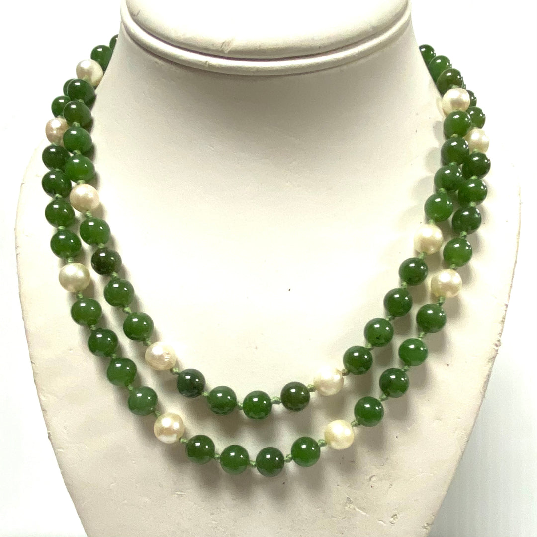 v535 Vintage Sterling Silver Jade Pearl Beaded Single Strand Necklace 35" Long