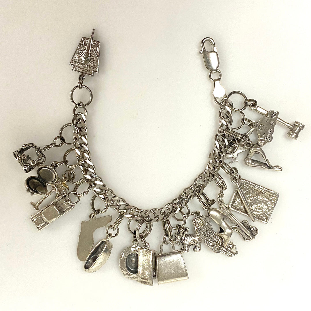 v540 Vintage Sterling Silver Chain Bracelet with multiple Various Charm Pendants