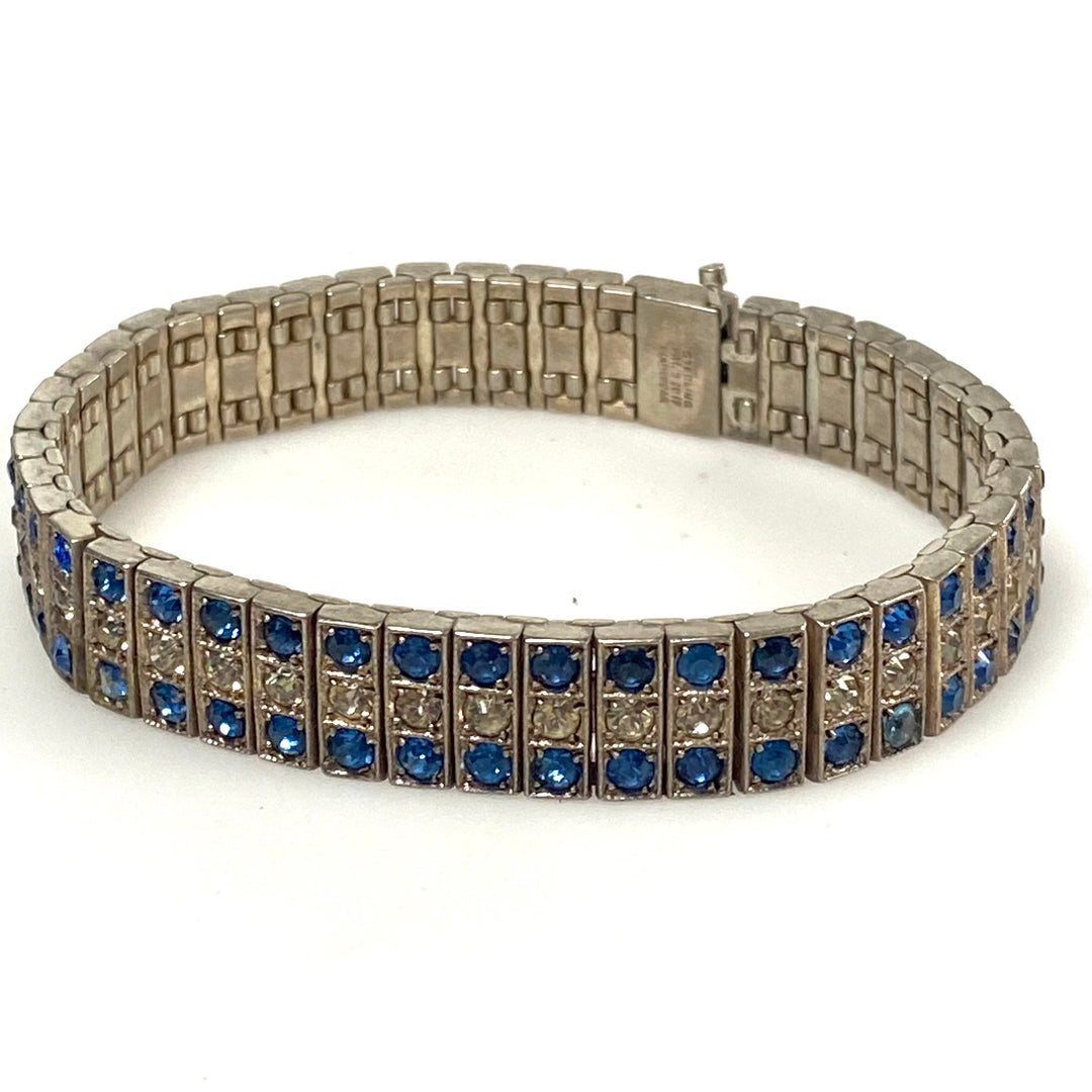 v541 Vintage Art Deco Diamondbar Sterling Silver White Blue Rhinestone Bracelet