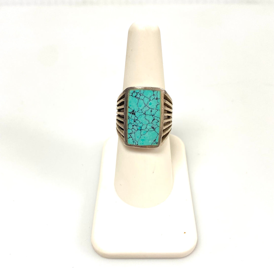 v547 Vintage Navajo Sterling Silver Ring Rectangular Spiderweb Turquoise Sz 7.25
