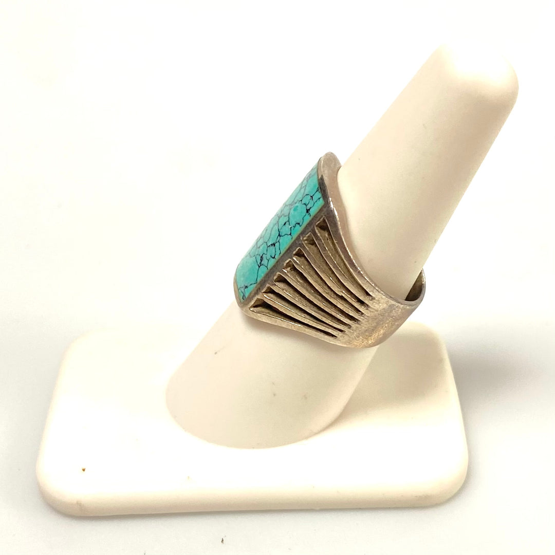 v547 Vintage Navajo Sterling Silver Ring Rectangular Spiderweb Turquoise Sz 7.25
