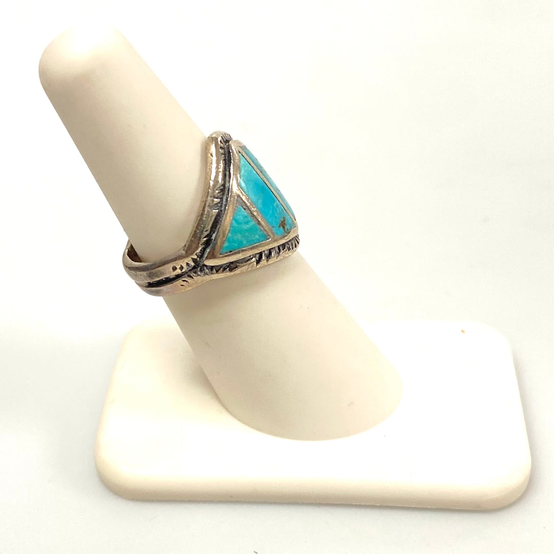 v548 Vintage Navajo Sterling Silver Ring Rhombus-shaped Turquoise Inlay Sz 5.75
