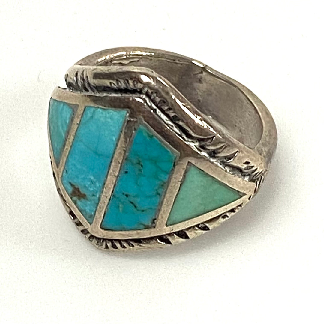 v548 Vintage Navajo Sterling Silver Ring Rhombus-shaped Turquoise Inlay Sz 5.75