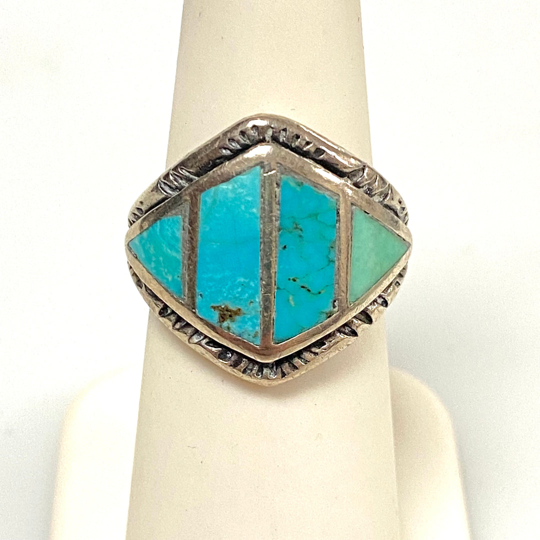 v548 Vintage Navajo Sterling Silver Ring Rhombus-shaped Turquoise Inlay Sz 5.75
