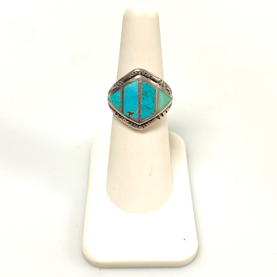 v548 Vintage Navajo Sterling Silver Ring Rhombus-shaped Turquoise Inlay Sz 5.75