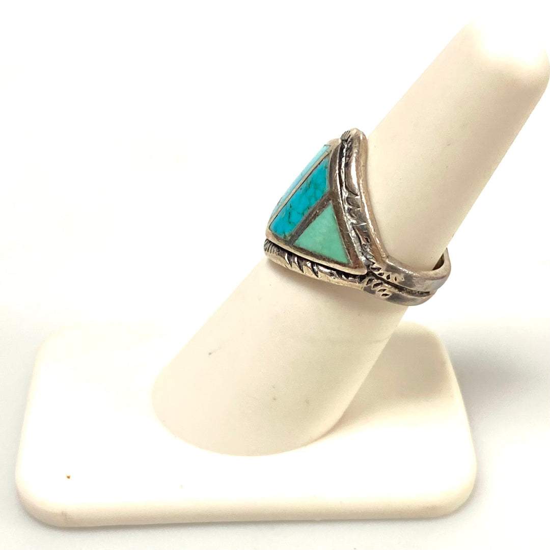 v548 Vintage Navajo Sterling Silver Ring Rhombus-shaped Turquoise Inlay Sz 5.75