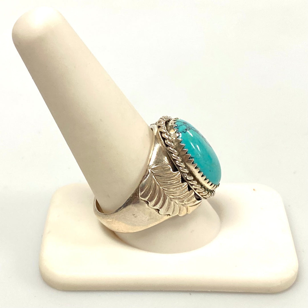 v550 Vintage Navajo Sterling Silver Ring Turquoise Twisted Wire Bezel Size 10.5