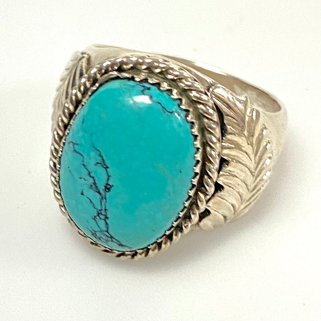 v550 Vintage Navajo Sterling Silver Ring Turquoise Twisted Wire Bezel Size 10.5