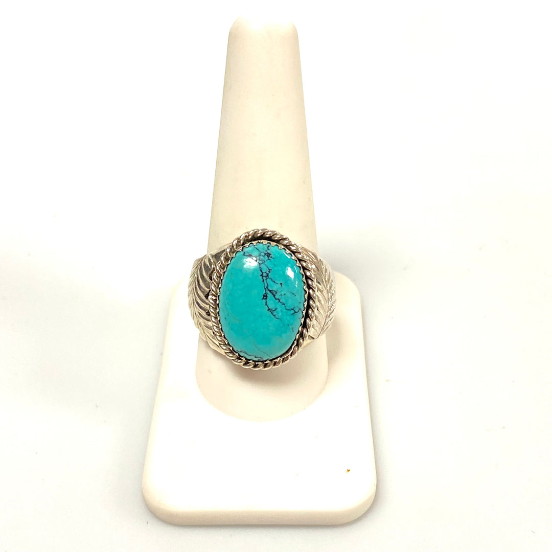 v550 Vintage Navajo Sterling Silver Ring Turquoise Twisted Wire Bezel Size 10.5