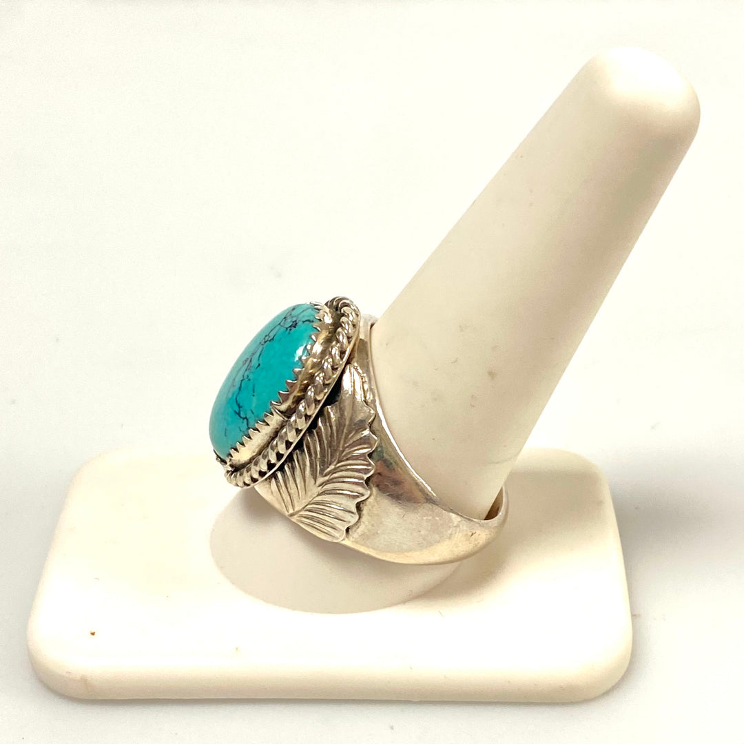v550 Vintage Navajo Sterling Silver Ring Turquoise Twisted Wire Bezel Size 10.5
