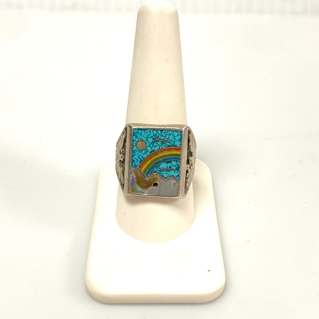 v551 Vintage Navajo Sterling Silver Ring Rainbow Mountain Stones Inlay Size 9.75