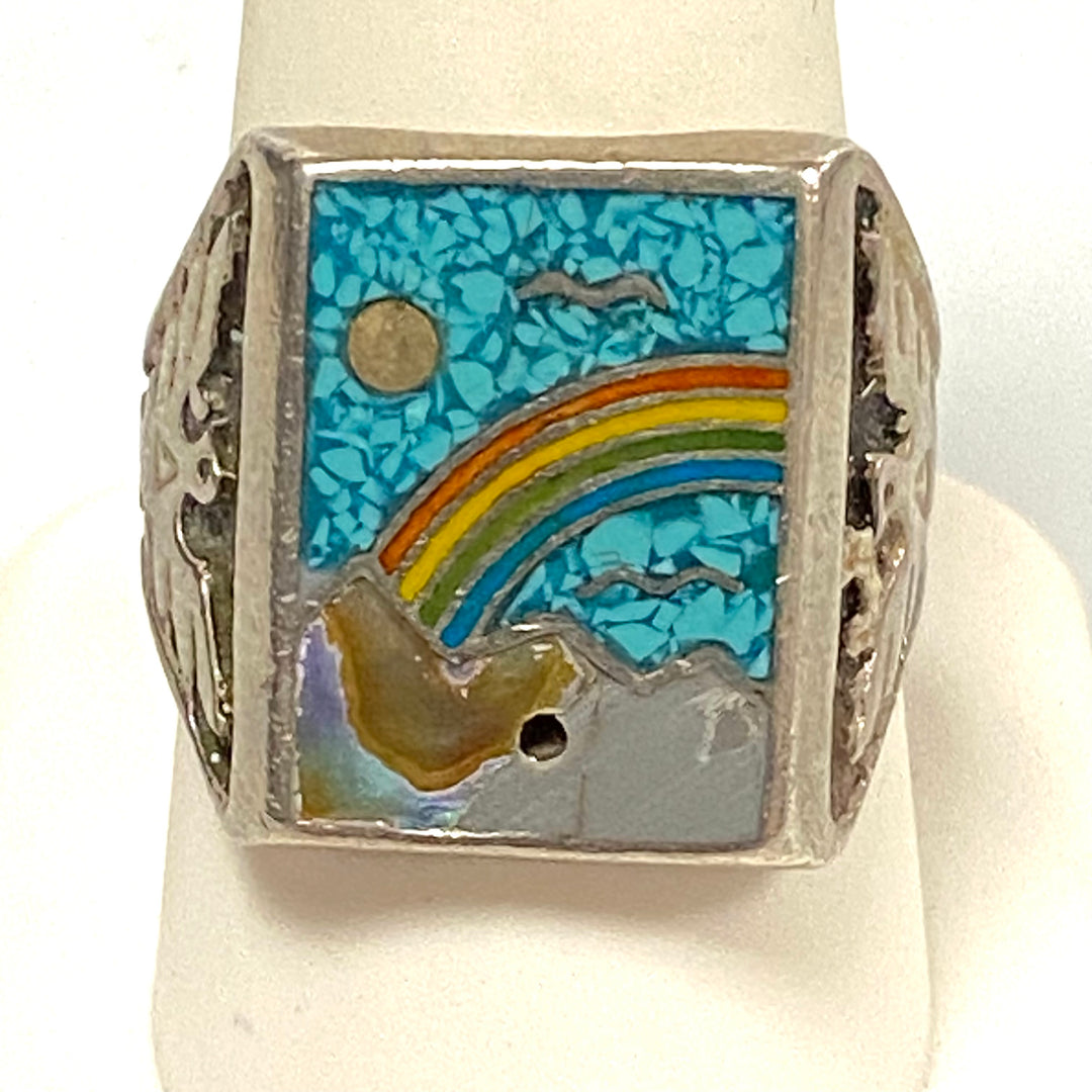 v551 Vintage Navajo Sterling Silver Ring Rainbow Mountain Stones Inlay Size 9.75