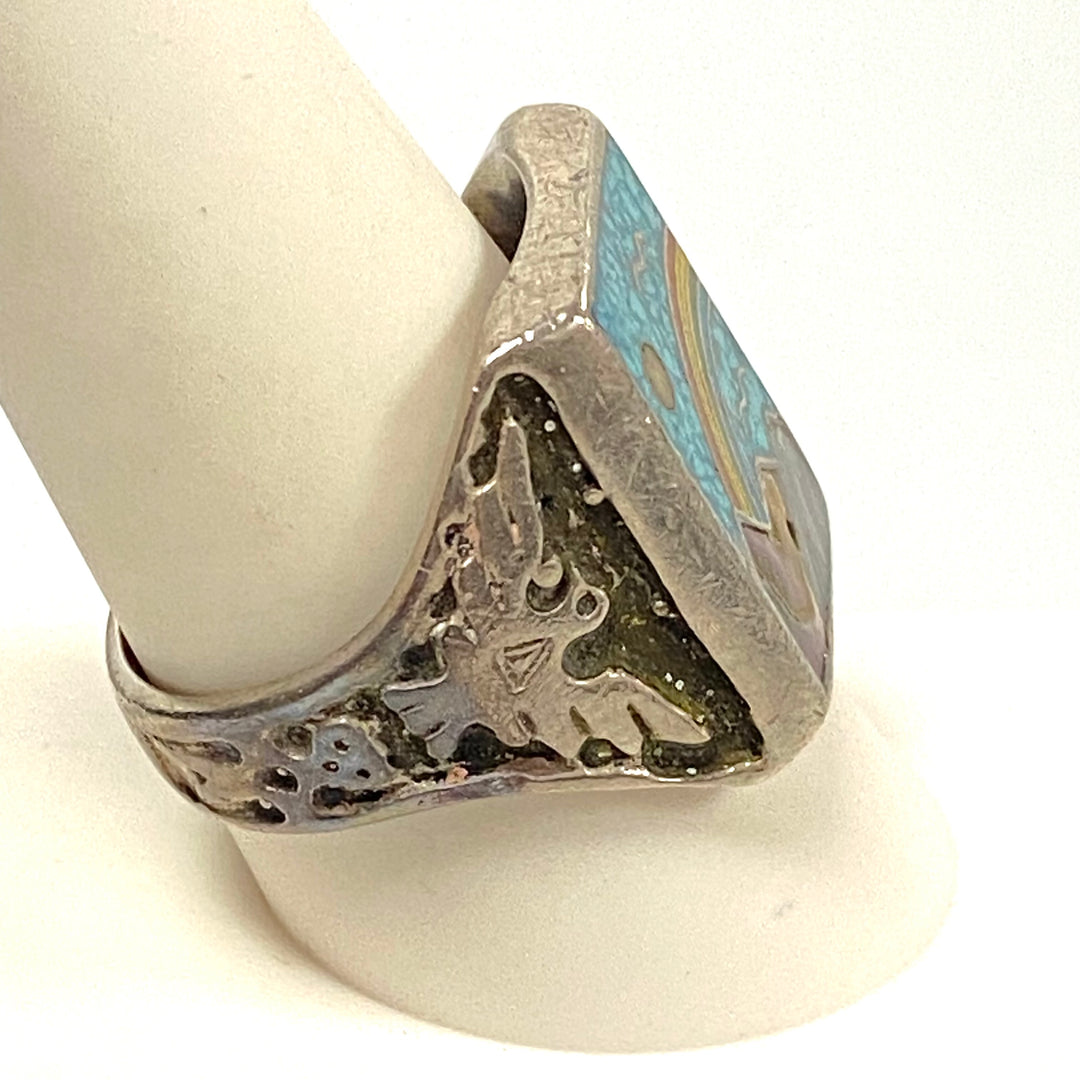 v551 Vintage Navajo Sterling Silver Ring Rainbow Mountain Stones Inlay Size 9.75