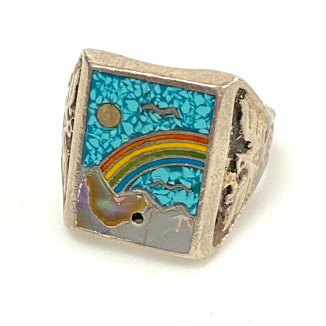 v551 Vintage Navajo Sterling Silver Ring Rainbow Mountain Stones Inlay Size 9.75