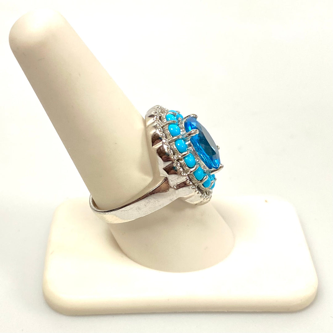 v552 Vintage Sterling Silver Ring Blue Topaz & Halo Turquoise Ring Size 8.75