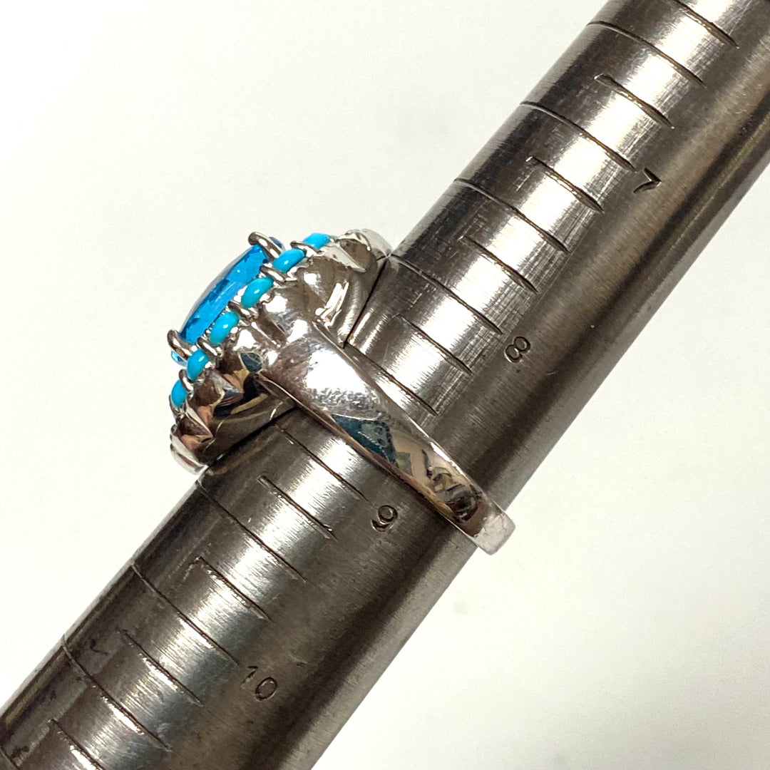 v552 Vintage Sterling Silver Ring Blue Topaz & Halo Turquoise Ring Size 8.75