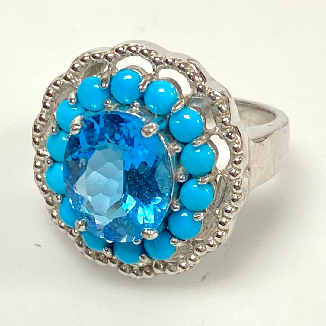 v552 Vintage Sterling Silver Ring Blue Topaz & Halo Turquoise Ring Size 8.75