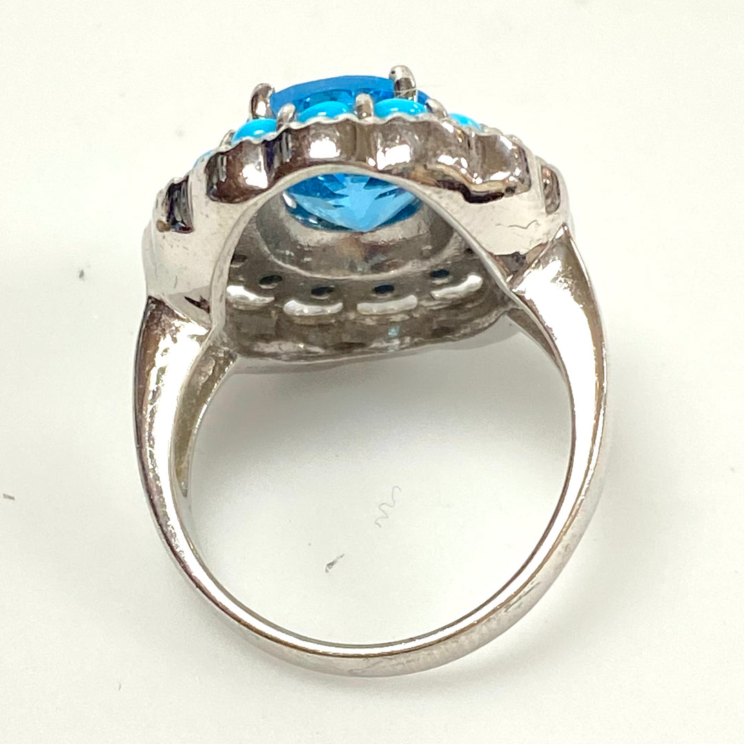 v552 Vintage Sterling Silver Ring Blue Topaz & Halo Turquoise Ring Size 8.75