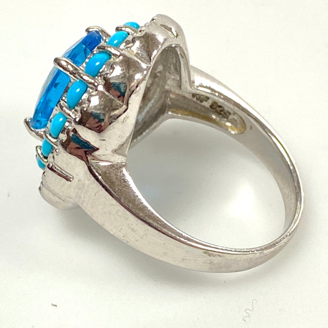 v552 Vintage Sterling Silver Ring Blue Topaz & Halo Turquoise Ring Size 8.75