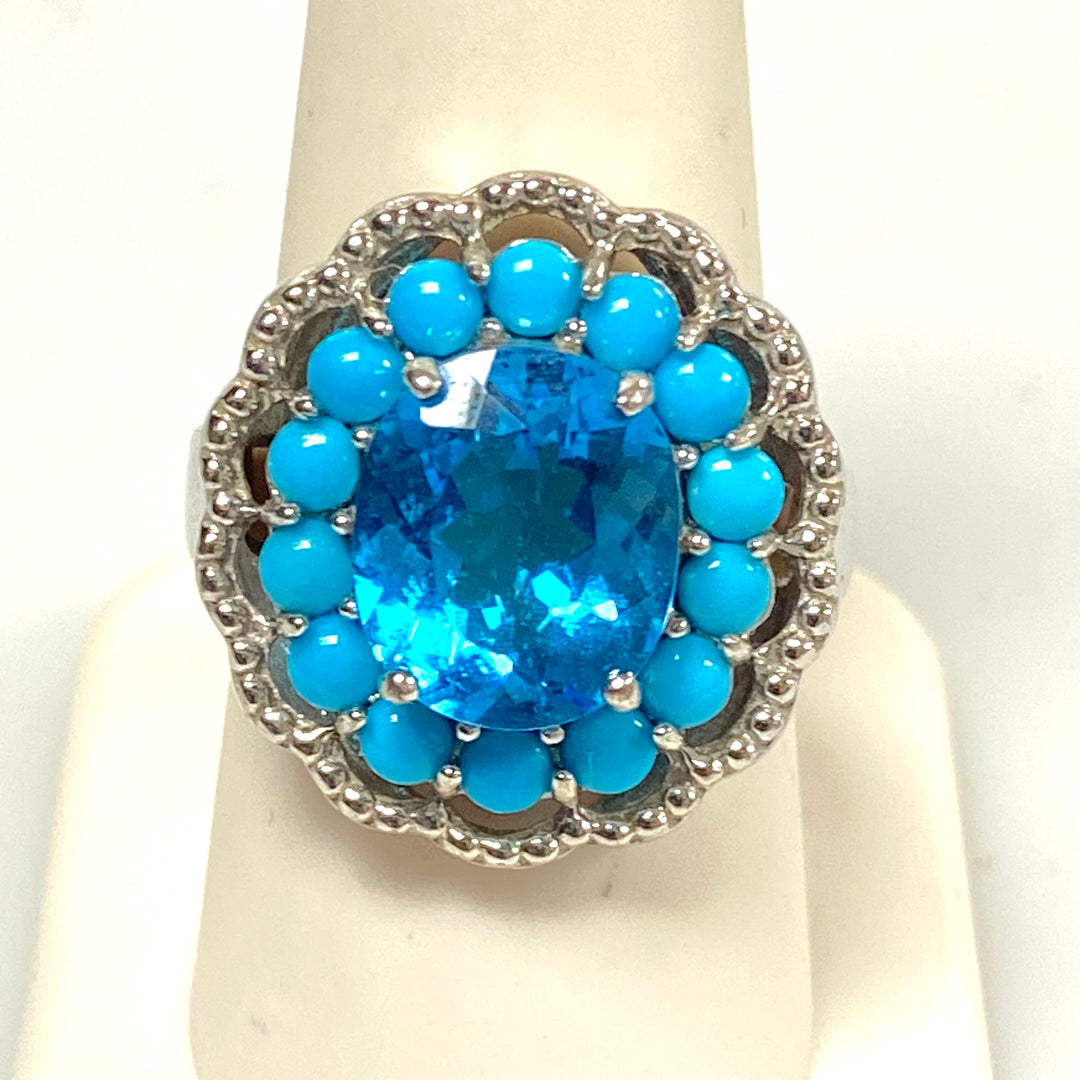 v552 Vintage Sterling Silver Ring Blue Topaz & Halo Turquoise Ring Size 8.75