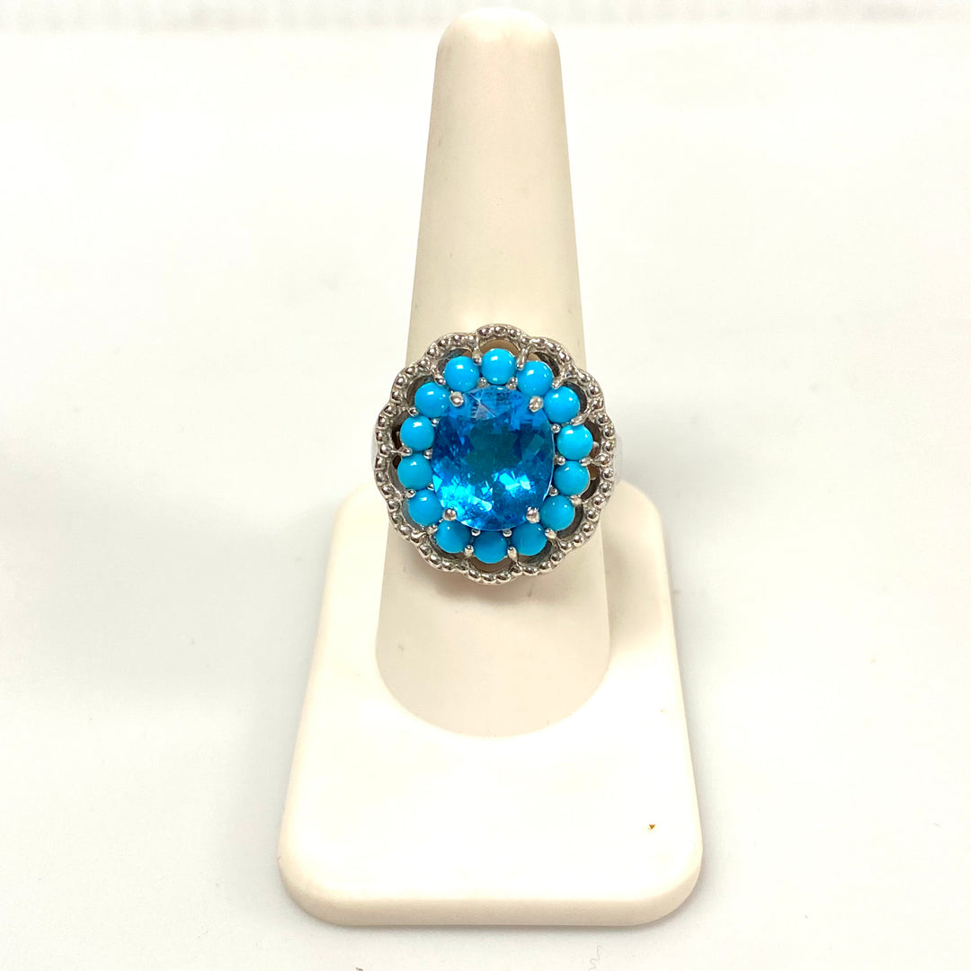 v552 Vintage Sterling Silver Ring Blue Topaz & Halo Turquoise Ring Size 8.75