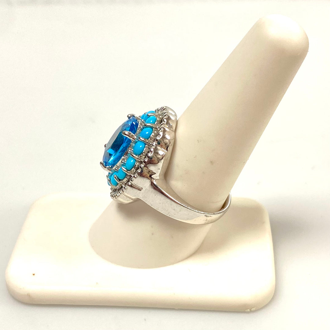 v552 Vintage Sterling Silver Ring Blue Topaz & Halo Turquoise Ring Size 8.75