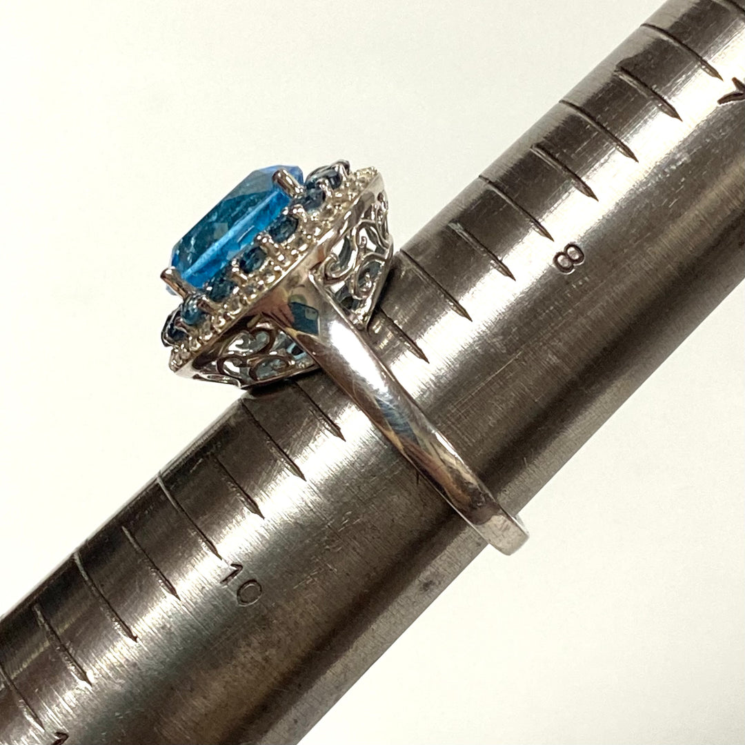 v553 Vintage Sterling Silver Ring Blue Topaz with Double Halo Stones Ring Size 9