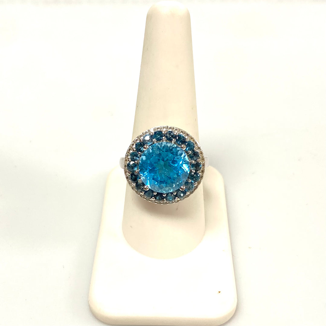 v553 Vintage Sterling Silver Ring Blue Topaz with Double Halo Stones Ring Size 9