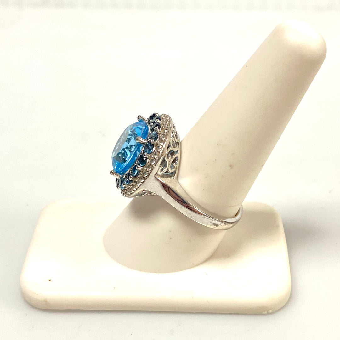 v553 Vintage Sterling Silver Ring Blue Topaz with Double Halo Stones Ring Size 9