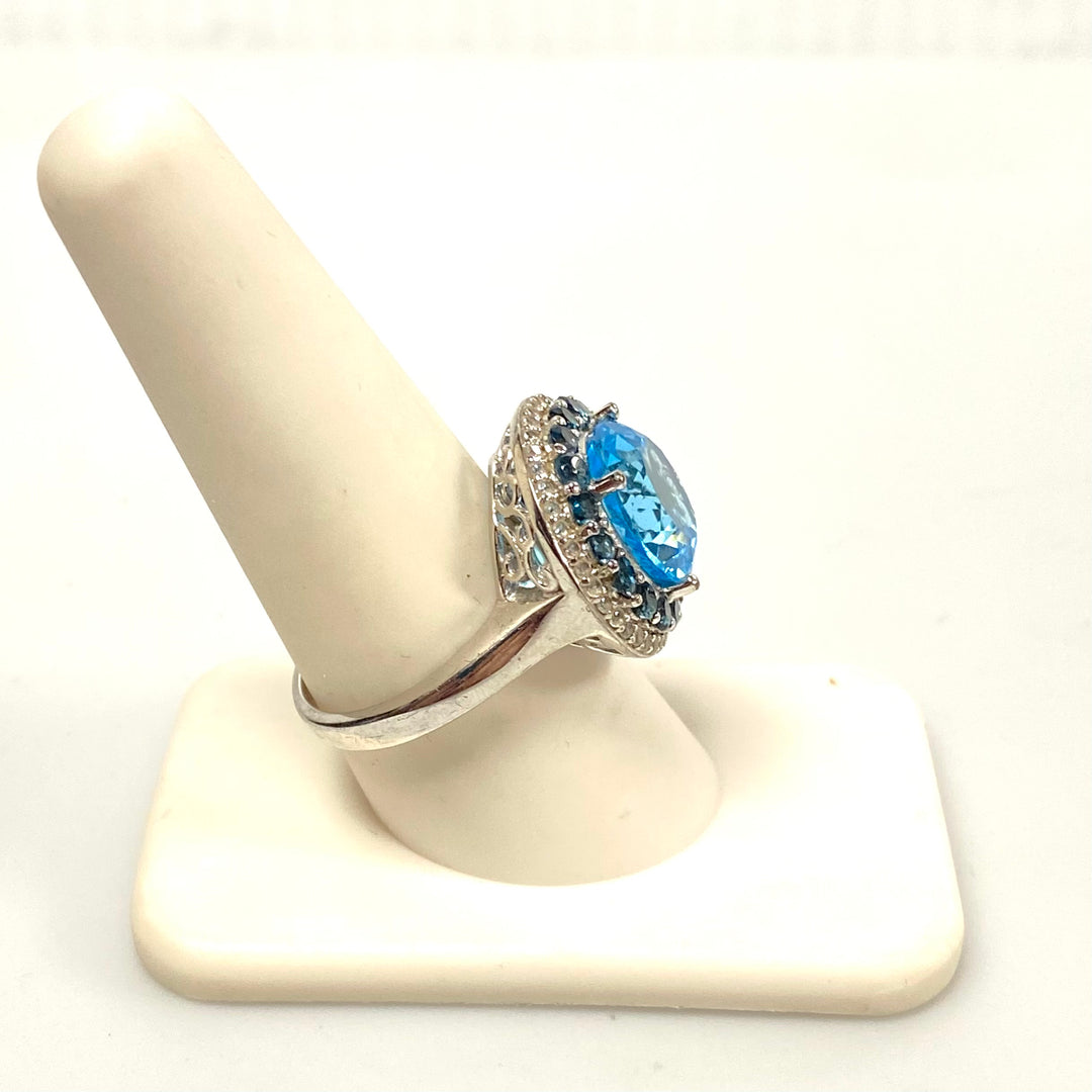 v553 Vintage Sterling Silver Ring Blue Topaz with Double Halo Stones Ring Size 9